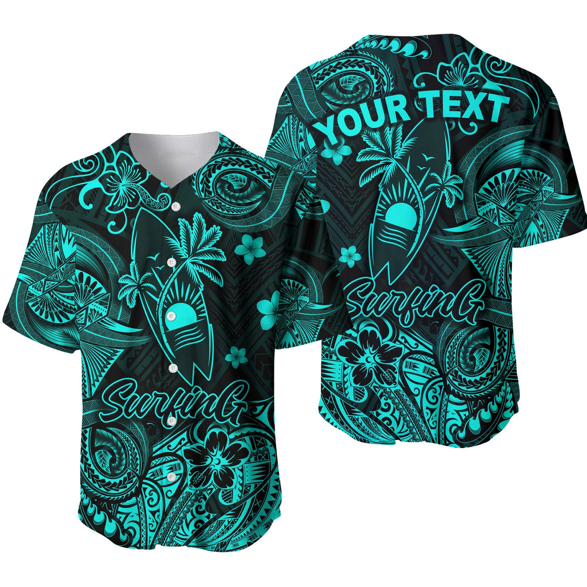 (Custom Personalised) Hawaii Surfing Polynesian Baseball Jersey Unique Style - Turquoise LT8 - Wonder Print Shop
