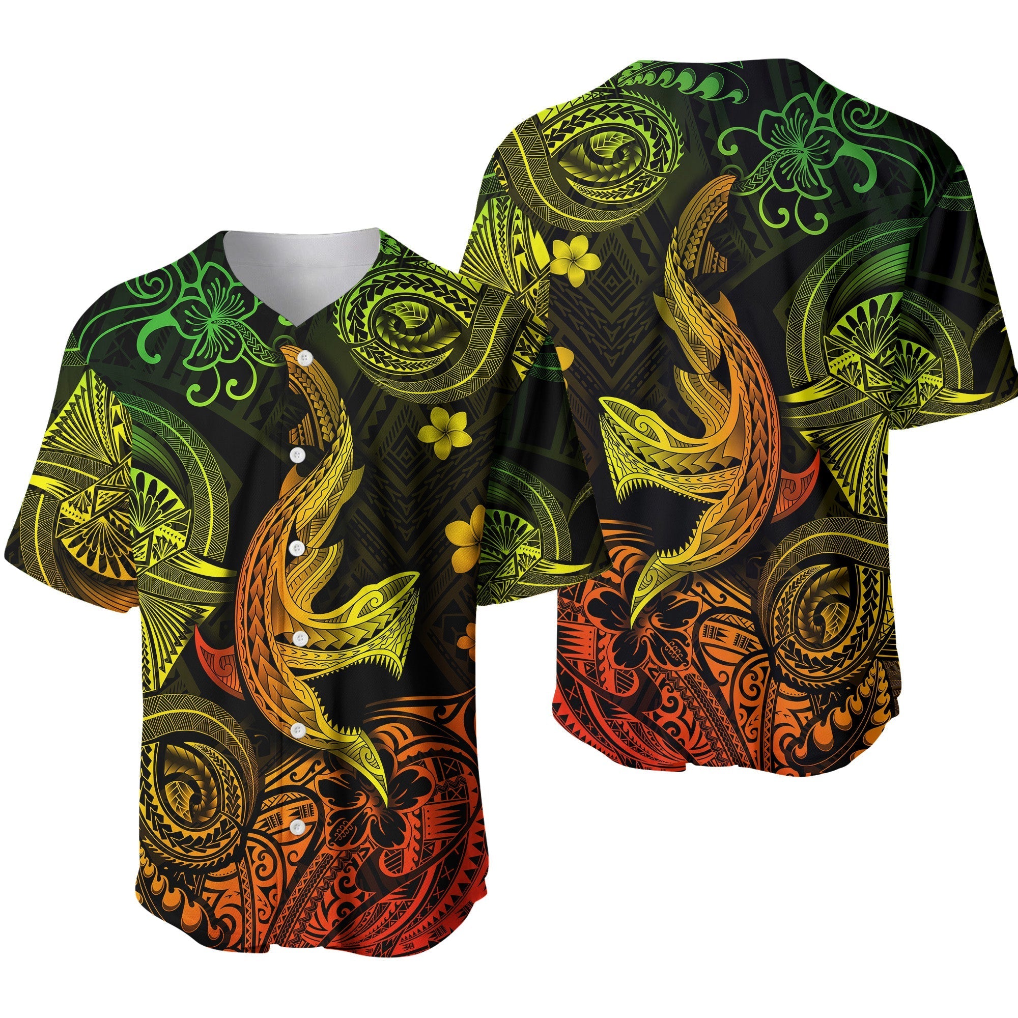 Hawaii Angry Shark Polynesian Baseball Jersey Unique Style - Reggae LT8 - Wonder Print Shop