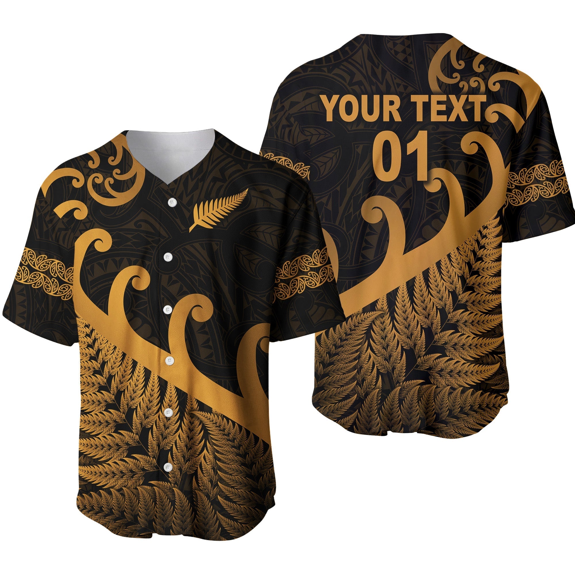 custom-personalised-new-zealand-rugby-maori-baseball-jersey-silver-fern-koru-vibes-gold