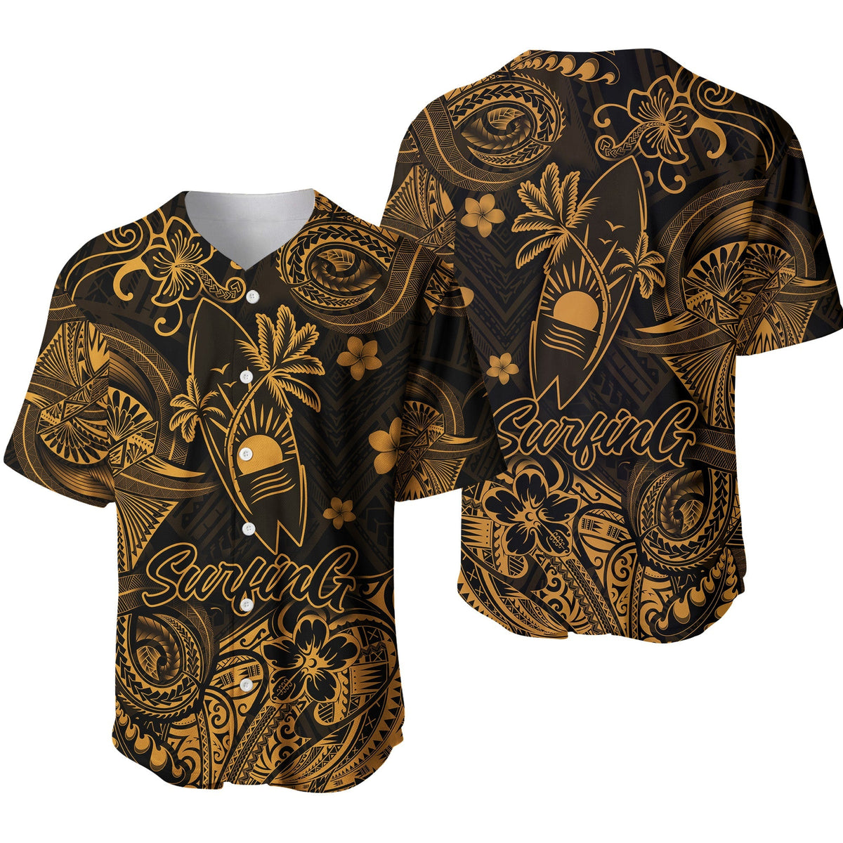 Hawaii Surfing Polynesian Baseball Jersey Unique Style - Gold LT8 - Wonder Print Shop