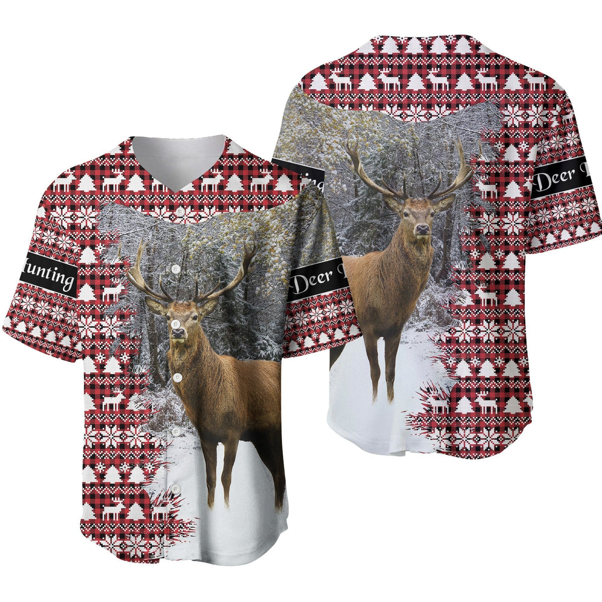 Dear Hunting Christmas Baseball Jersey - Red White LT8 - Wonder Print Shop