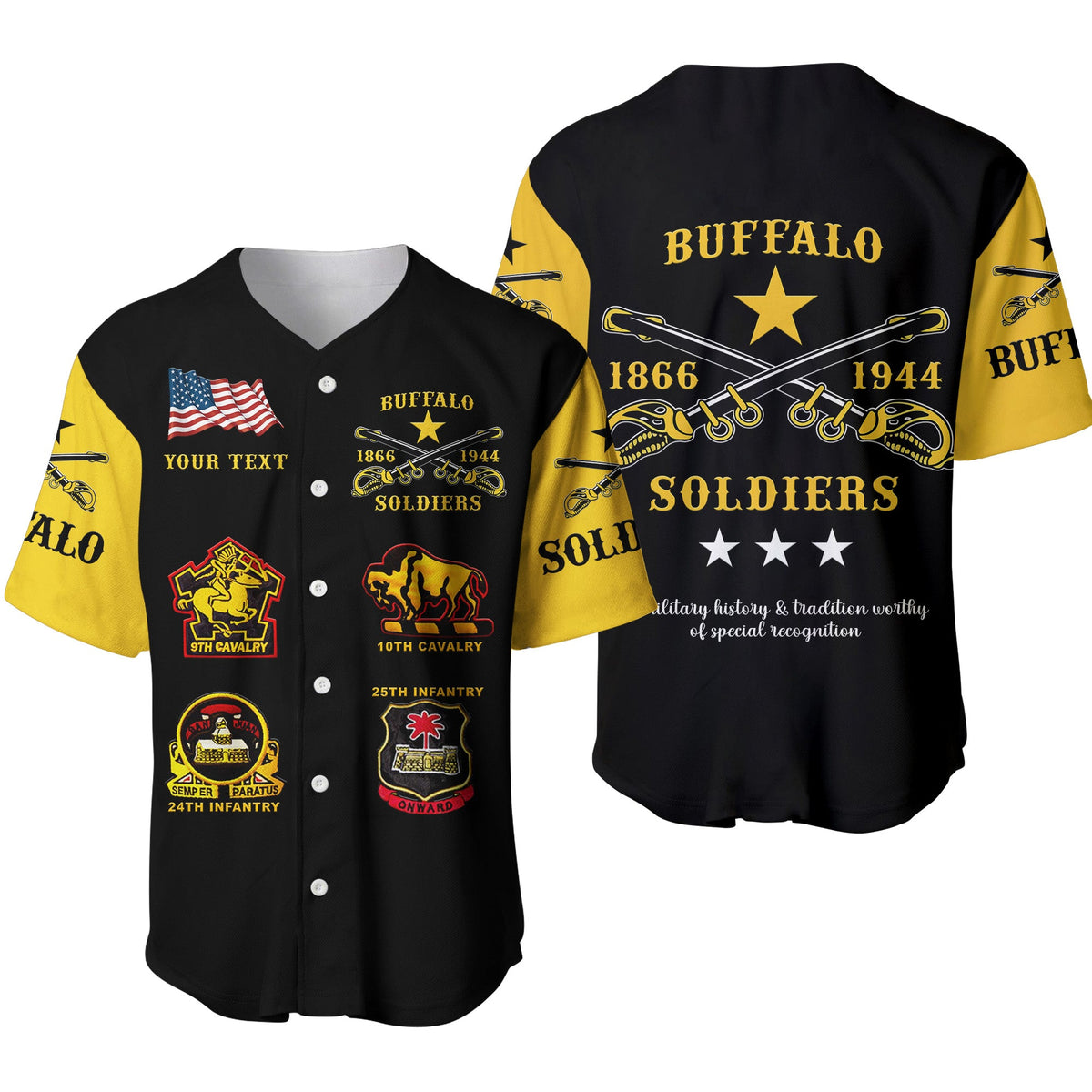 (Custom Personalised) Buffalo Soldiers Baseball Jersey African American Military Original Style - Black Gold LT8 - Wonder Print Shop