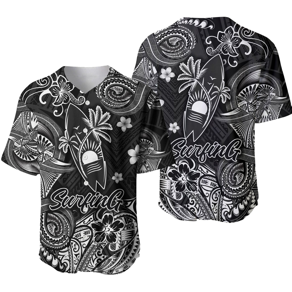 Hawaii Surfing Polynesian Baseball Jersey Unique Style - Black LT8 - Wonder Print Shop