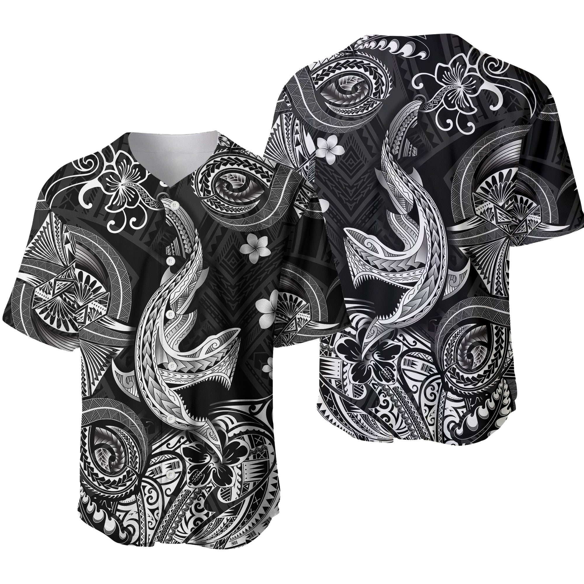 Hawaii Angry Shark Polynesian Baseball Jersey Unique Style - Black LT8 - Wonder Print Shop