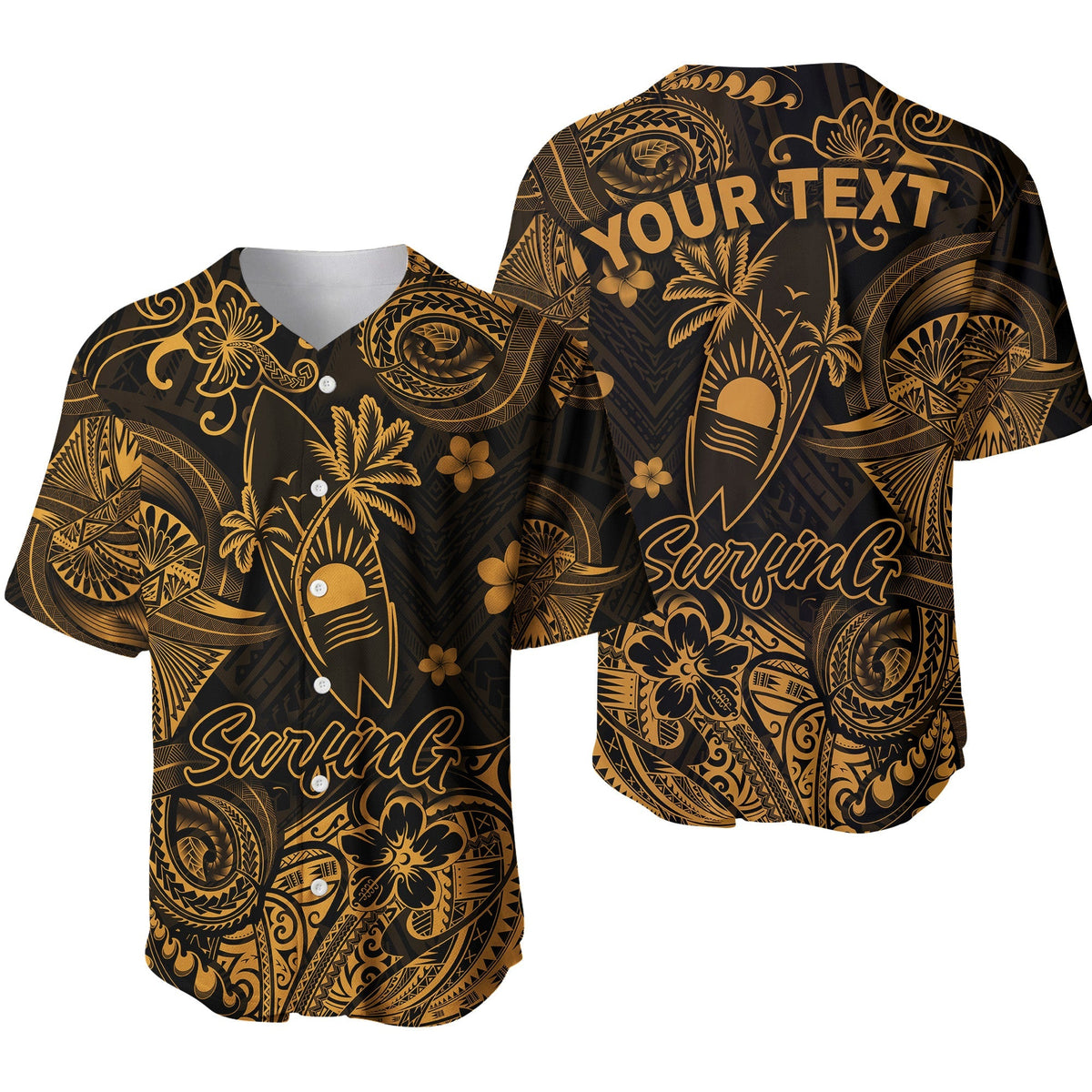 (Custom Personalised) Hawaii Surfing Polynesian Baseball Jersey Unique Style - Gold LT8 - Wonder Print Shop