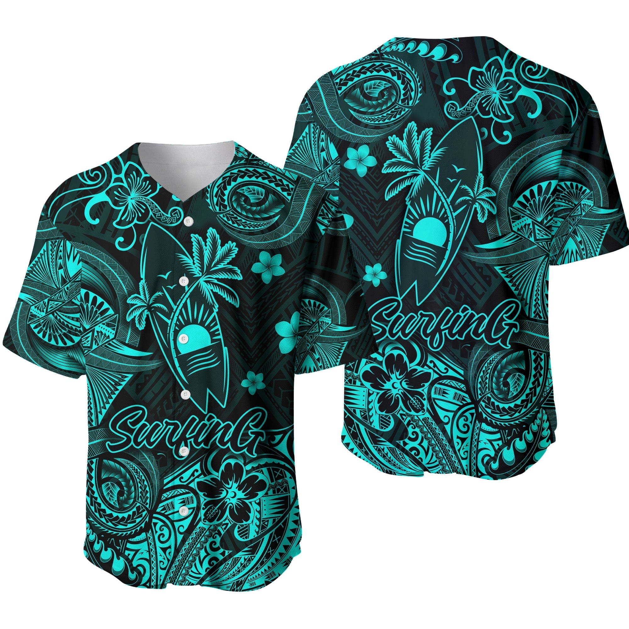 Hawaii Surfing Polynesian Baseball Jersey Unique Style - Turquoise LT8 - Wonder Print Shop