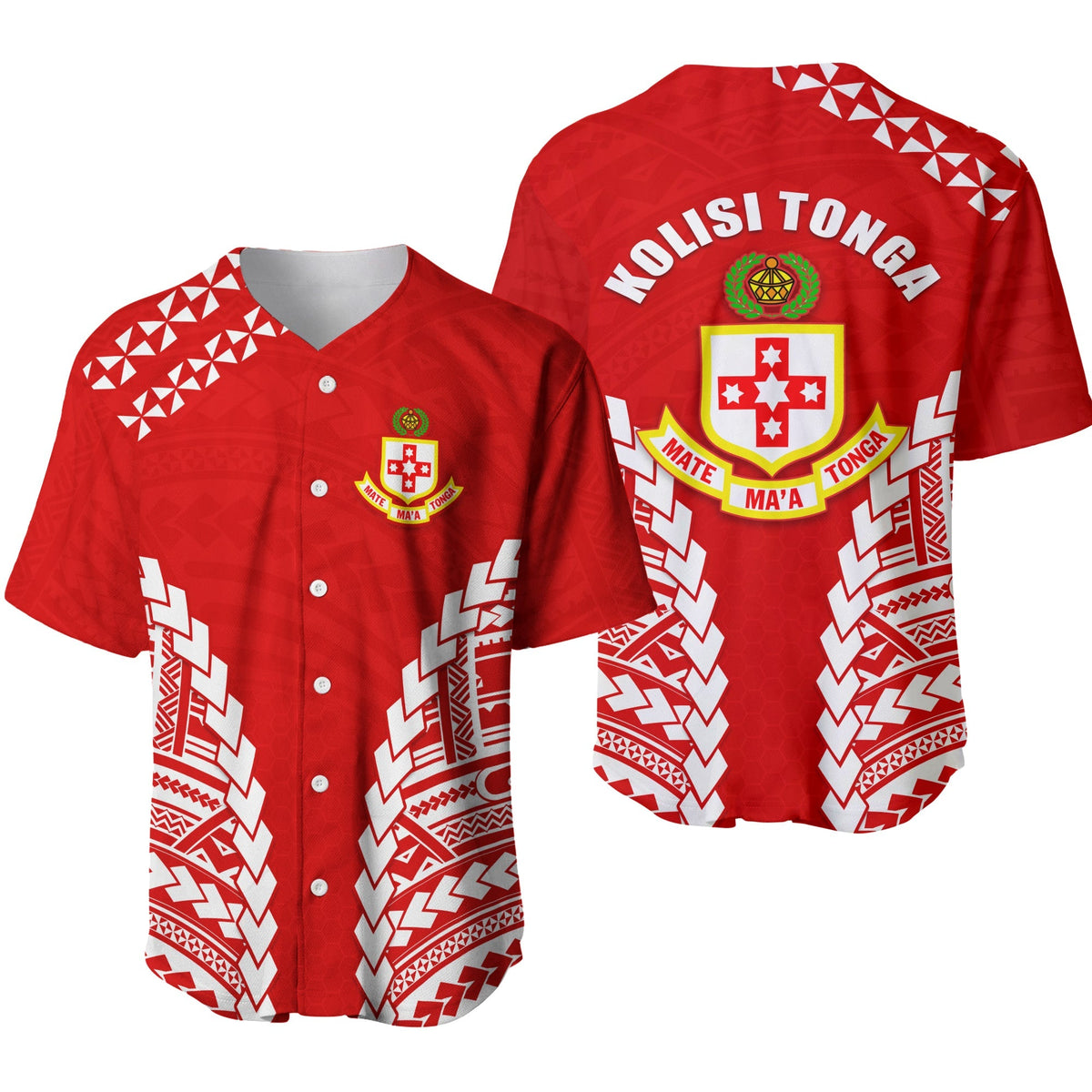 Red baseball jersey set: front and back; KOLISI TONGA text and Tonga crest