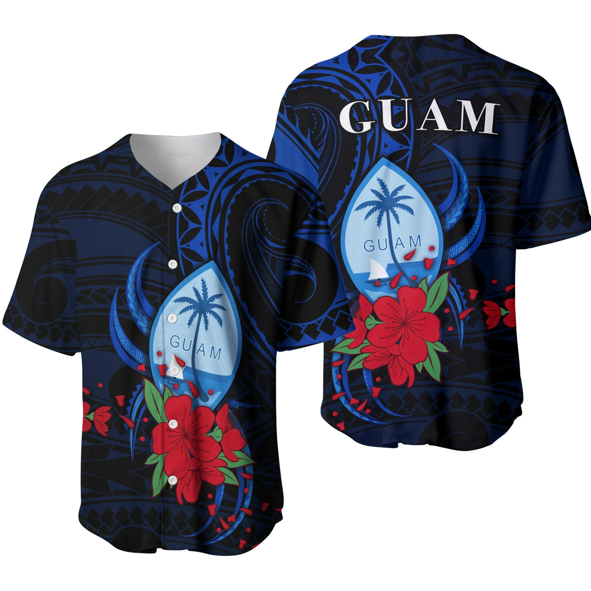 Two blue Guam baseball jerseys, front and back, red floral wave and shell art