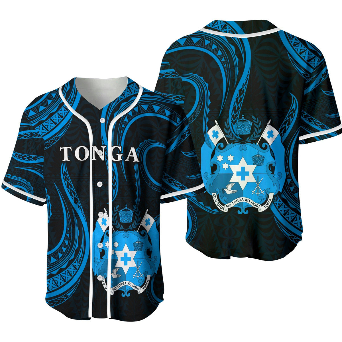 Front and back Tonga baseball jersey set, blue crest and tribal-style curved patterns