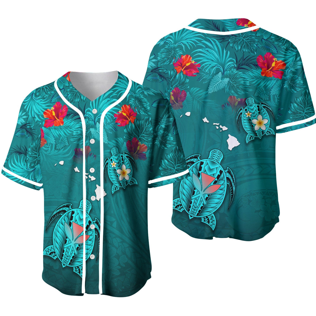 Turquoise tropical baseball jersey showing front and back with turtle and flower prints