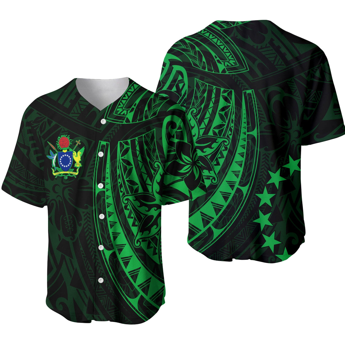 Cook Islands Baseball Jersey Polynesian Flowers Version 01 Green LT13 - Wonder Print Shop