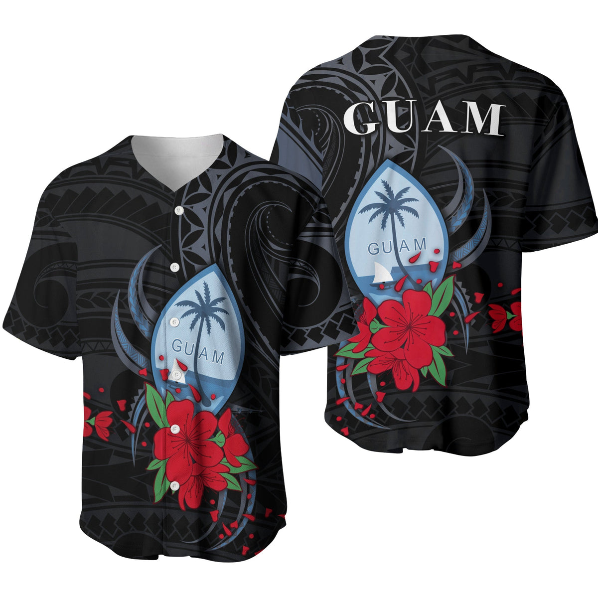 Front and back view of black Guam baseball jersey with blue surfboard and red hibiscus flowers