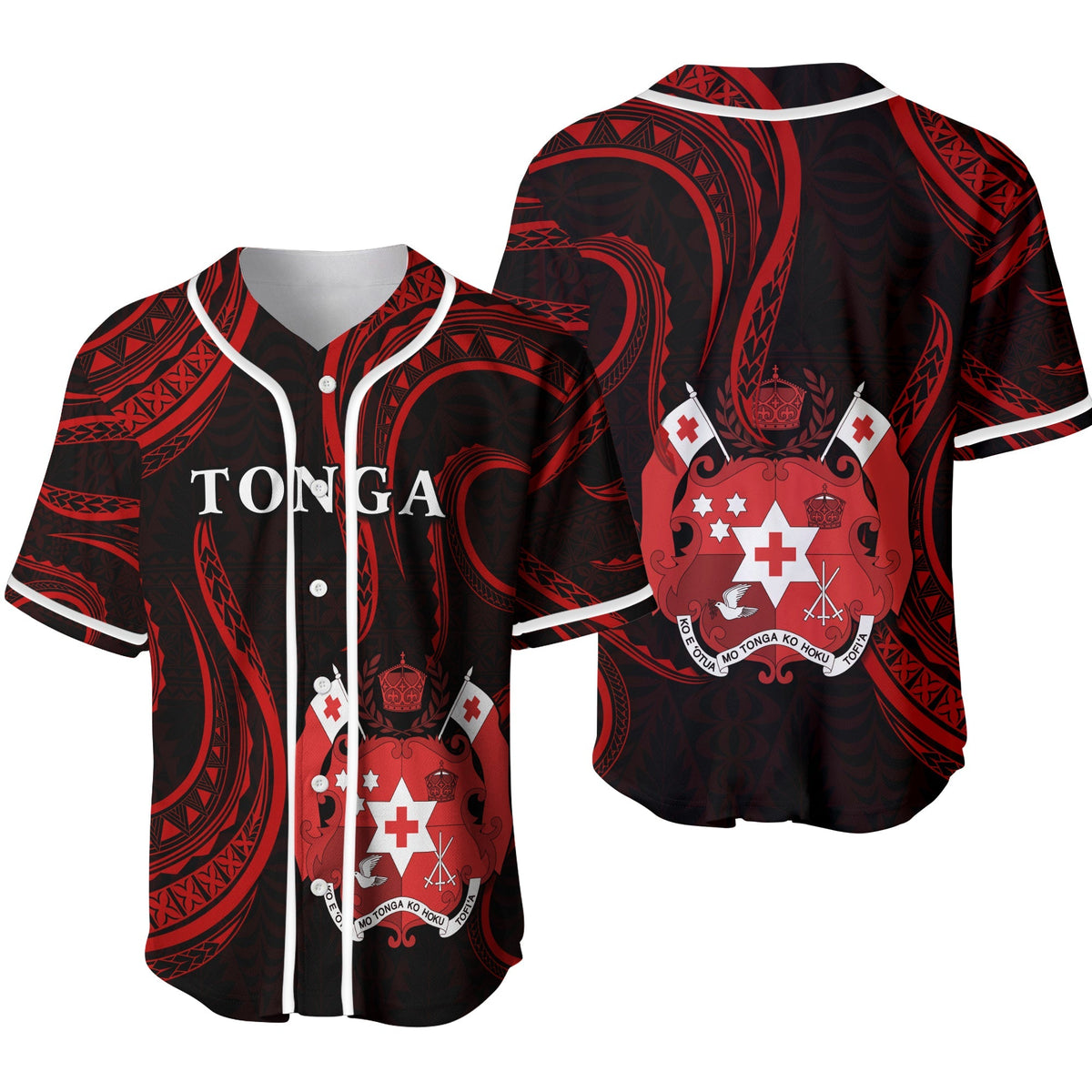 Tonga baseball jersey front and back in red-and-black with white trim and shield crest