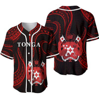 Tonga baseball jersey front and back in red-and-black with white trim and shield crest