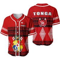 Red Tonga baseball jersey front and back view, white stripes and crest graphics