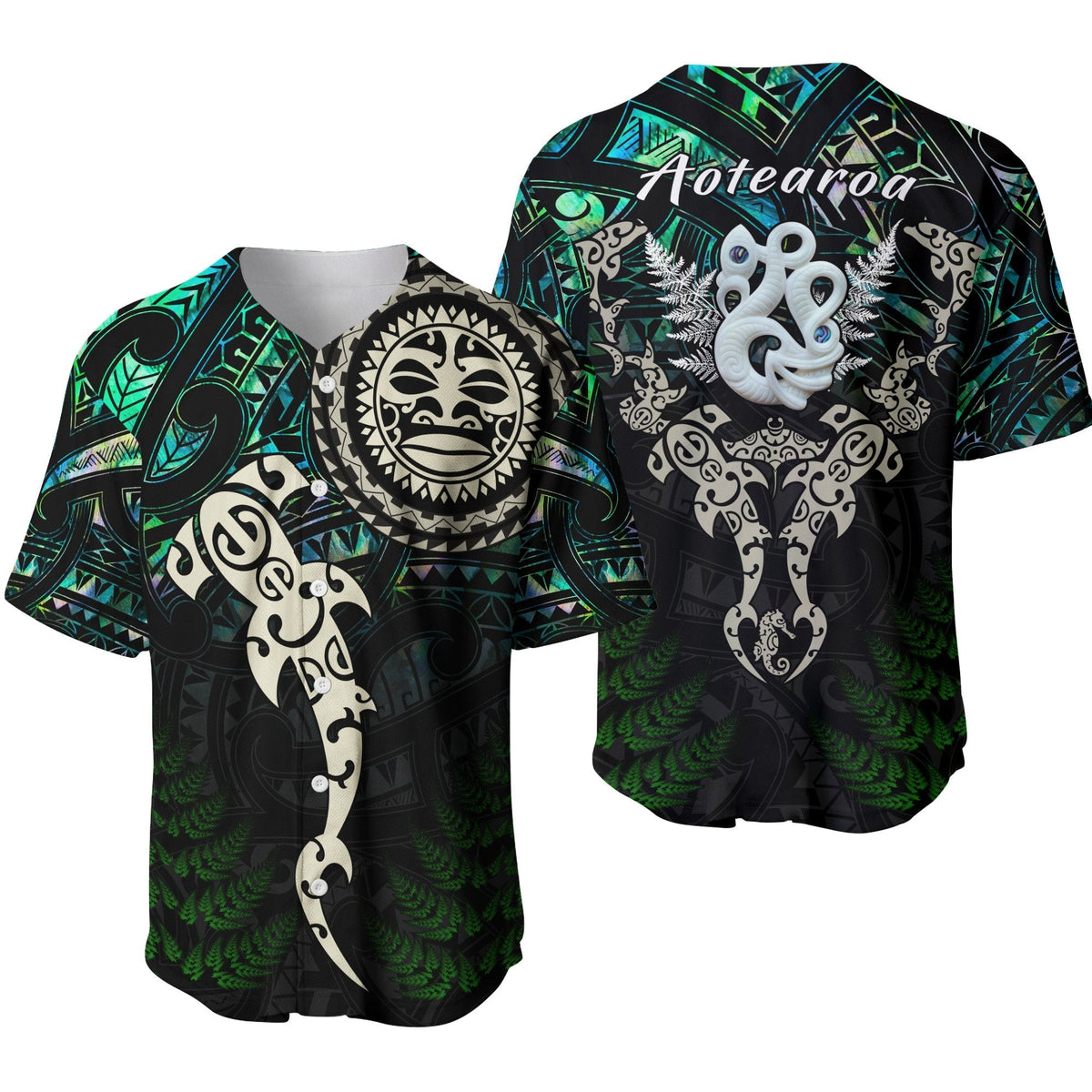 Aotearoa Paua Shell Baseball Jersey Maori Manaia and Fish LT13 - Wonder Print Shop
