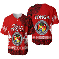 Red baseball jersey, 'Vava'u Tonga' logo and crest, tribal-pattern trim at hem