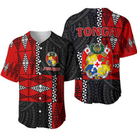 Tonga baseball jersey in red and black with Polynesian pattern and front crest