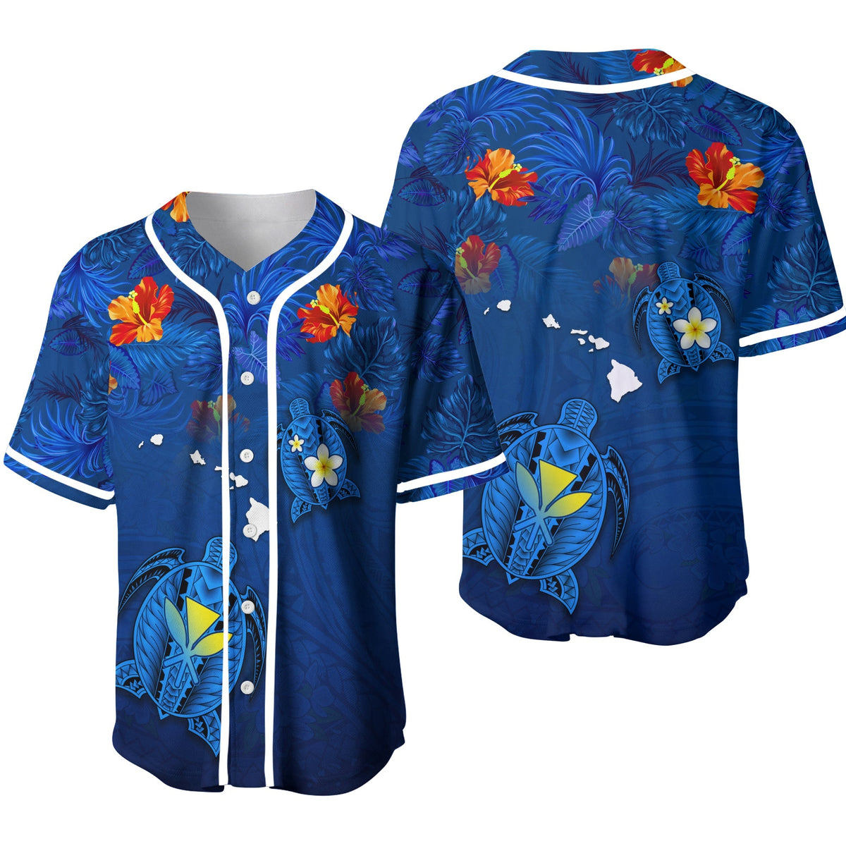 Hawaiian Islands Baseball Jersey - Hawaii Tropical Flowers and Turtles Blue LT13 - Wonder Print Shop