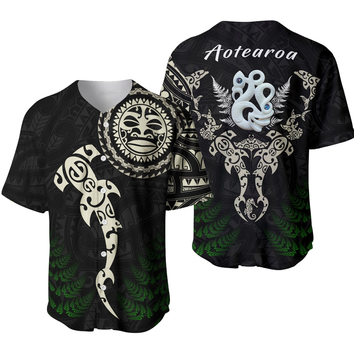 Aotearoa Fern Baseball Jersey Maori Manaia and Fish LT13 - Wonder Print Shop