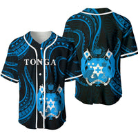 Front and back Tonga baseball jersey: button placket, crest artwork, blue patterned sleeves