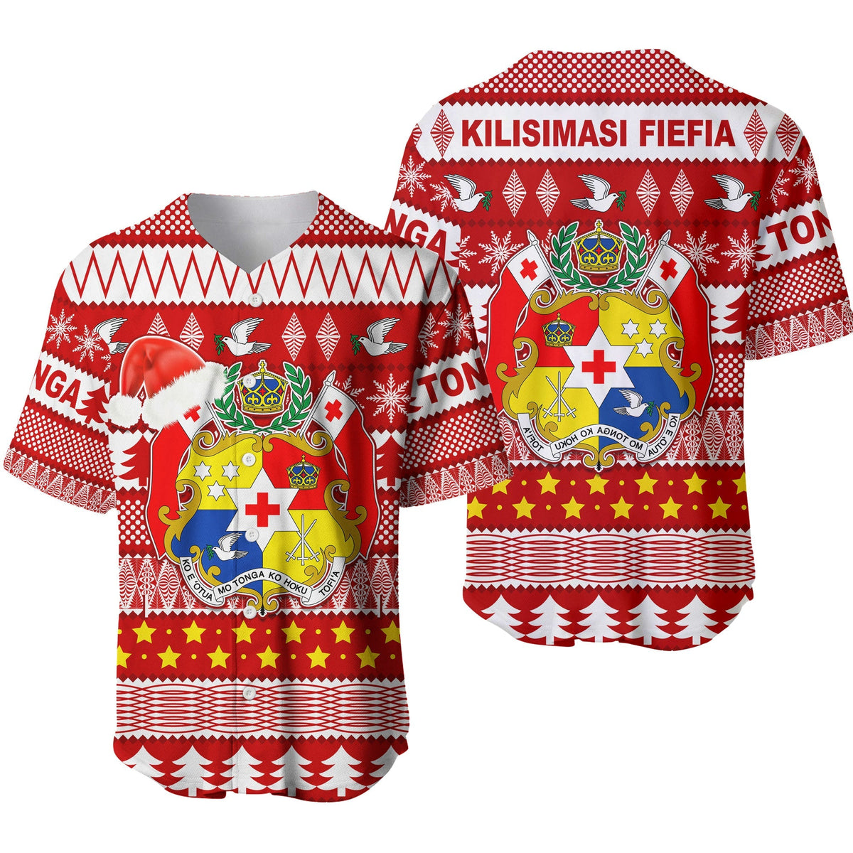 Red baseball jersey front and back set with crest, stars, stripes and Tongan festive print
