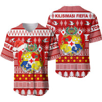 Red baseball jersey front and back set with crest, stars, stripes and Tongan festive print