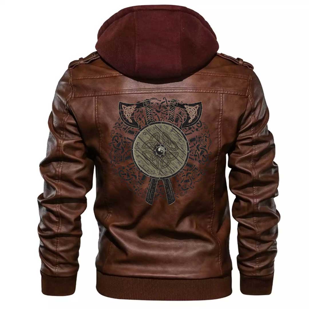 Viking Clothing Viking Battle Axes and Shield Zipper Leather Jacket RLT12 - Wonder Print Shop