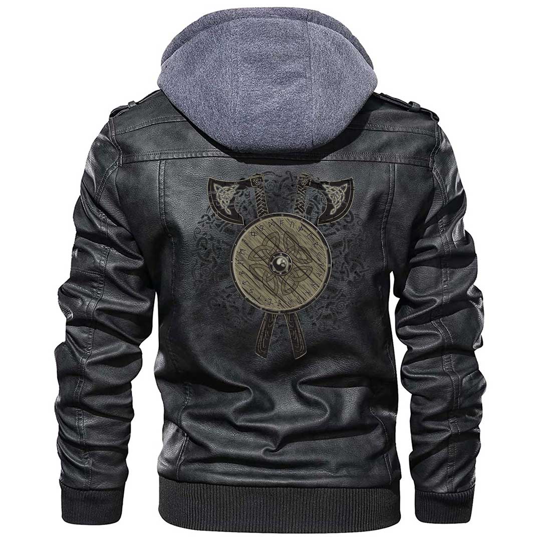 Viking Clothing Viking Battle Axes and Shield Zipper Leather Jacket RLT12 - Wonder Print Shop