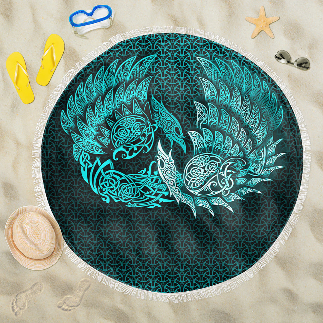 Viking Beach Blanket Ragnarok Huginn Muninn Cyan Version Beach Blanket RLT12 - Wonder Print Shop