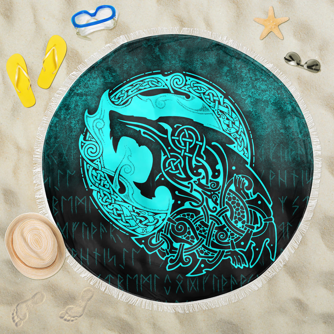Viking Beach Blanket Fenrir Viking 3D Tattoo Cyan Version Beach Blanket RLT12 - Wonder Print Shop