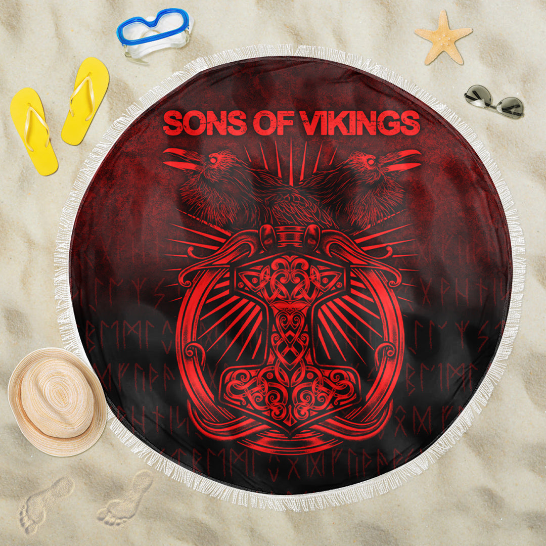 Viking Beach Blanket Vikings Ravens Mjolnir Red Version Beach Blanket RLT12 - Wonder Print Shop