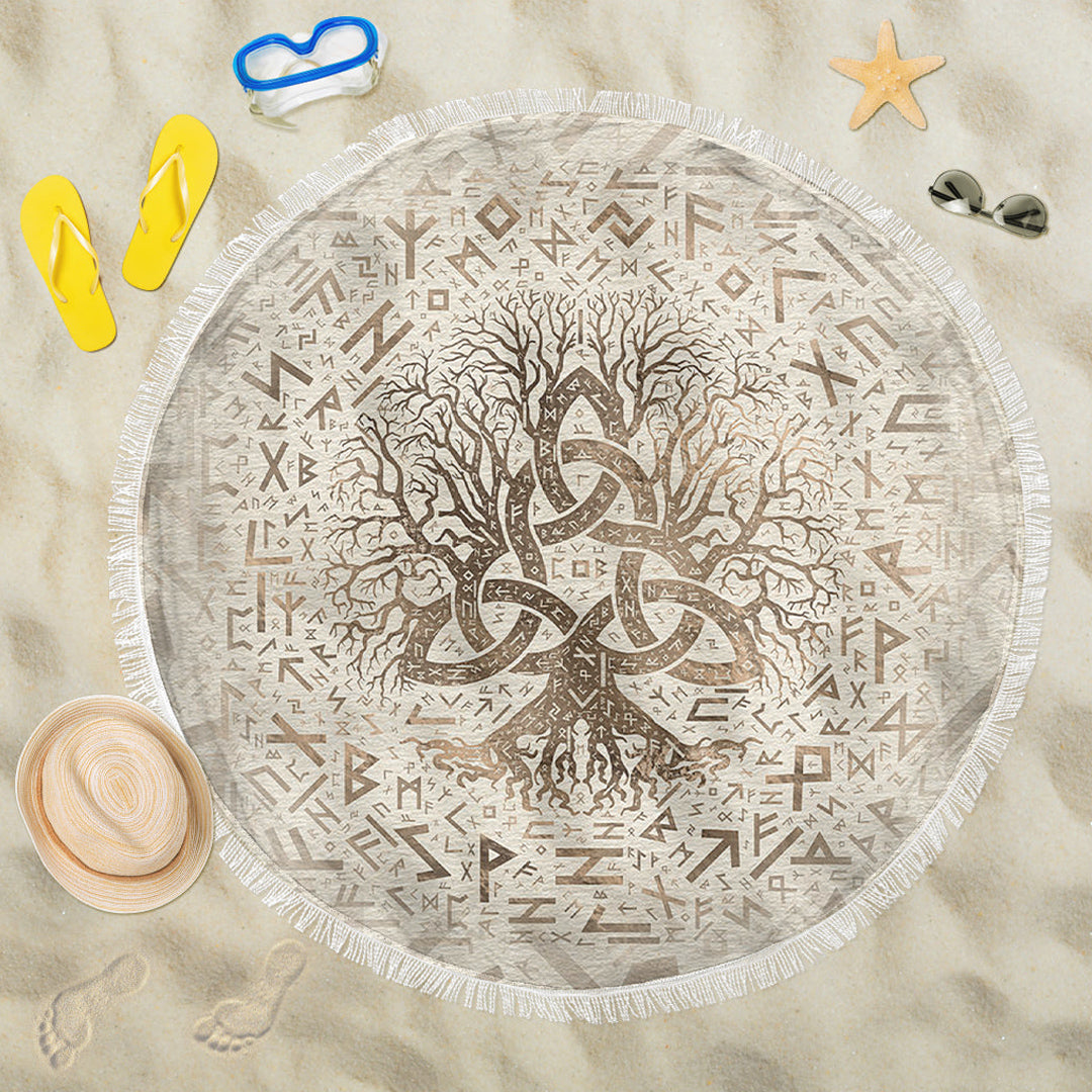 Viking Beach Blanket Tree Of Life with Triquetra and Futhark Pastel Gold Beach Blanket RLT12 - Wonder Print Shop