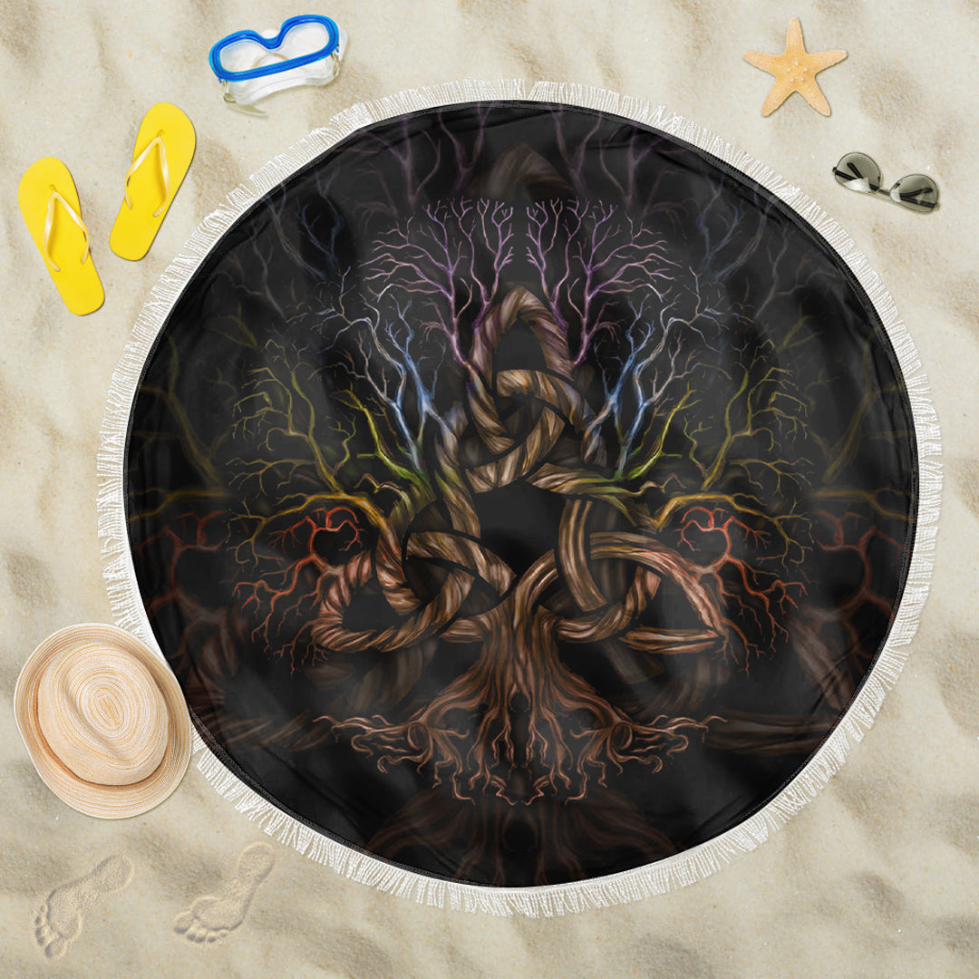Viking Beach Blanket Colorful Tree Of Life With Triquetra Beach Blanket RLT12 - Wonder Print Shop