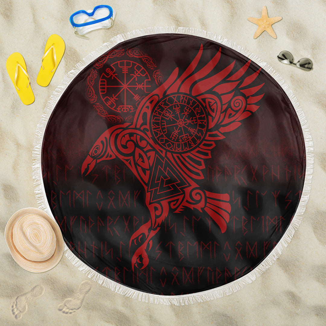 Viking Beach Blanket Raven Vegvisir Tattoo Red Version Beach Blanket RLT12 - Wonder Print Shop