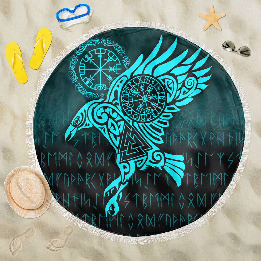 Viking Beach Blanket Raven Vegvisir Tattoo Cyan Version Beach Blanket RLT12 - Wonder Print Shop