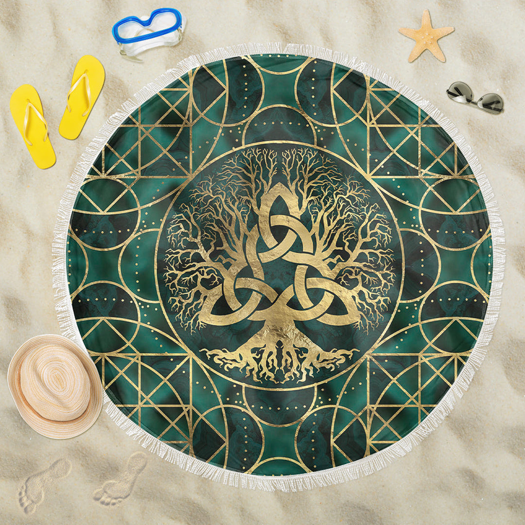 Viking Beach Blanket Tree Of Life with Triquetra Malachite and Gold Beach Blanket RLT12 - Wonder Print Shop