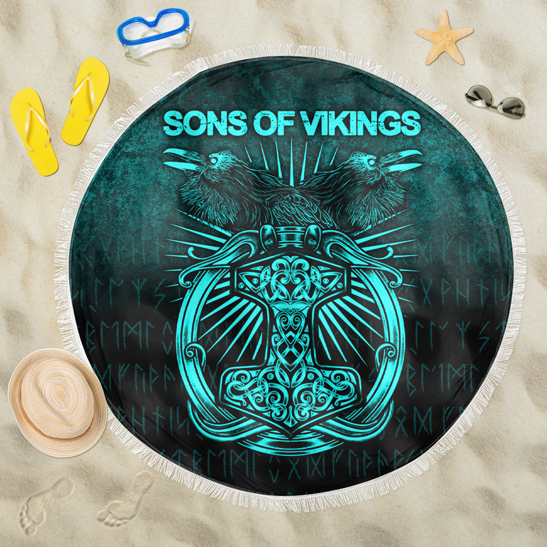 Viking Beach Blanket Vikings Ravens Mjolnir Cyan Version Beach Blanket RLT12 - Wonder Print Shop