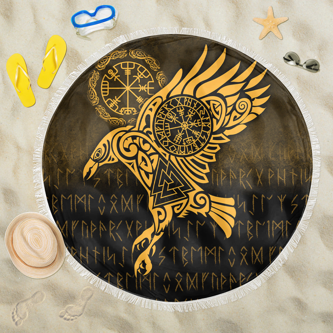 Viking Beach Blanket Raven Vegvisir Tattoo Gold Version Beach Blanket RLT12 - Wonder Print Shop
