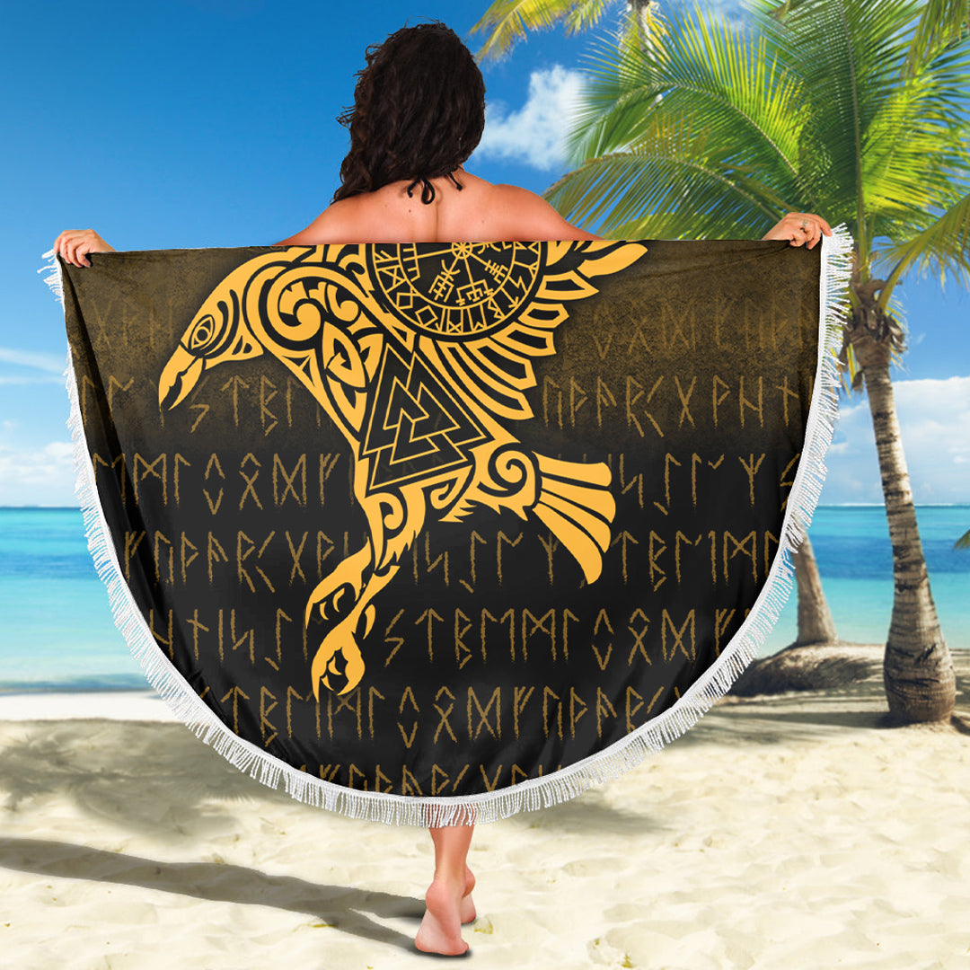 Viking Beach Blanket Raven Vegvisir Tattoo Gold Version Beach Blanket RLT12 - Wonder Print Shop