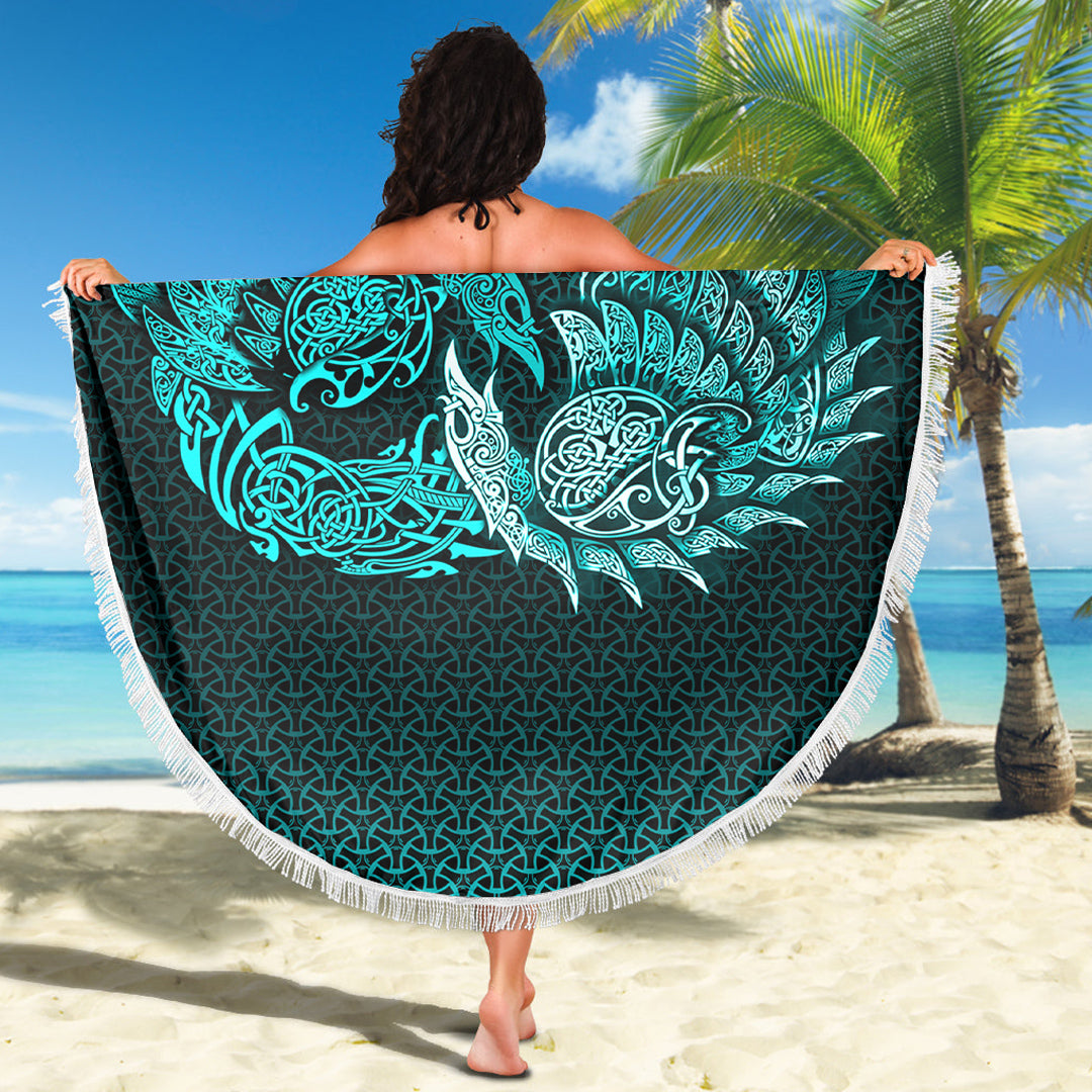 Viking Beach Blanket Ragnarok Huginn Muninn Cyan Version Beach Blanket RLT12 - Wonder Print Shop