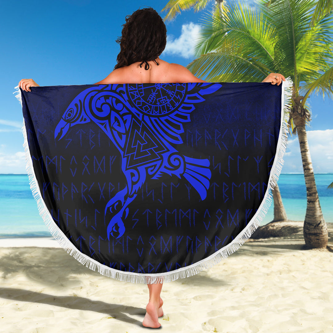 Viking Beach Blanket Raven Vegvisir Tattoo Blue Version Beach Blanket RLT12 - Wonder Print Shop