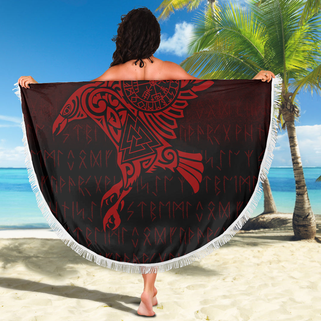 Viking Beach Blanket Raven Vegvisir Tattoo Red Version Beach Blanket RLT12 - Wonder Print Shop