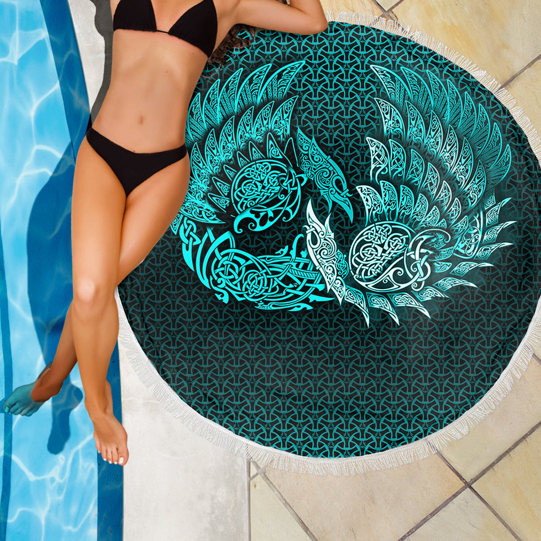 Viking Beach Blanket Ragnarok Huginn Muninn Cyan Version Beach Blanket RLT12 - Wonder Print Shop