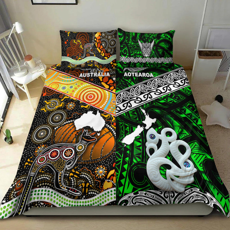 New Zealand Maori Aotearoa and Australia Aboriginal Bedding Set Together Green LT8 - Wonder Print Shop
