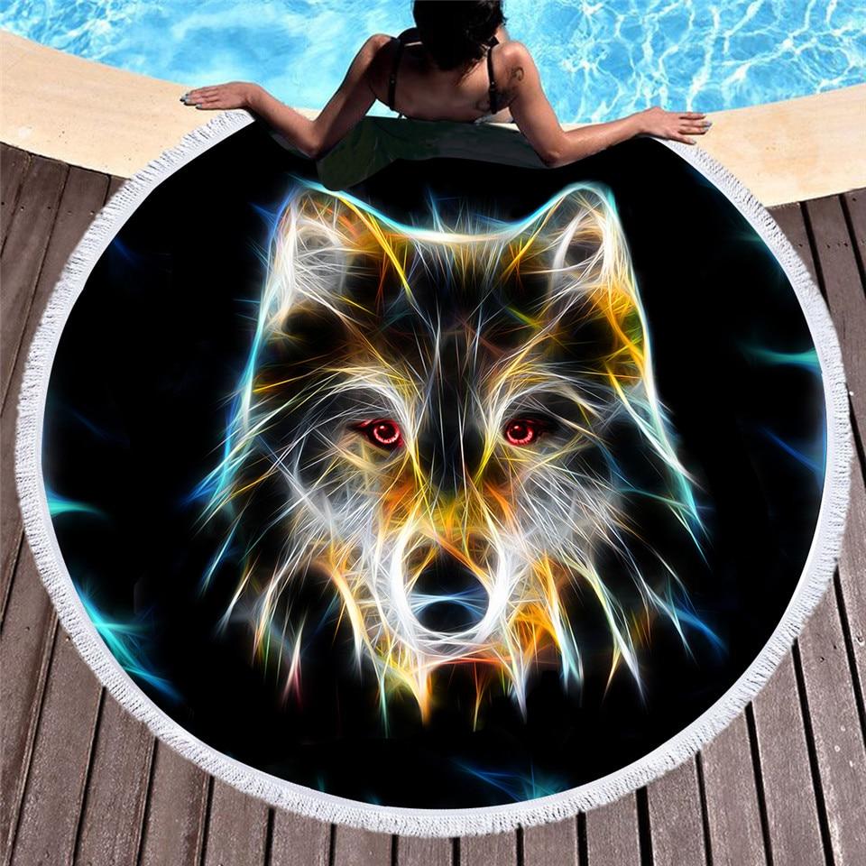 3D Wolf Face Large Round Native American Beach Towel Tassels LT10 - Wonder Print Shop