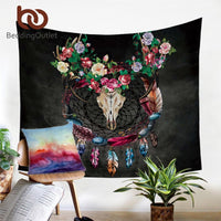 Dreamcatcher tribal horns tapestry with black background, bull skull, roses, and feathers