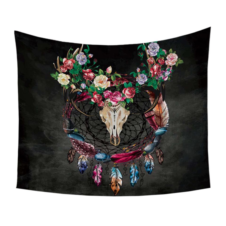 Tribal bull horn tapestry print: floral roses, dreamcatcher net, colorful hanging feathers