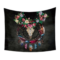 Tribal bull horn tapestry print: floral roses, dreamcatcher net, colorful hanging feathers