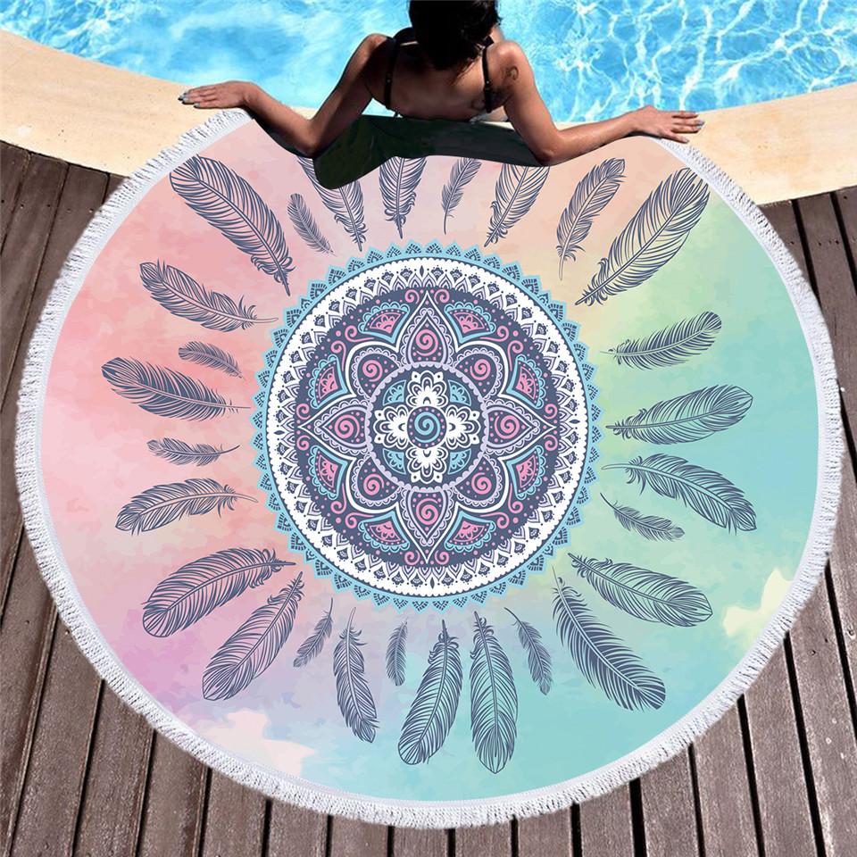 Feathers Tassel Mandala Pink Blue Native American Beach Towel LT10 - Wonder Print Shop